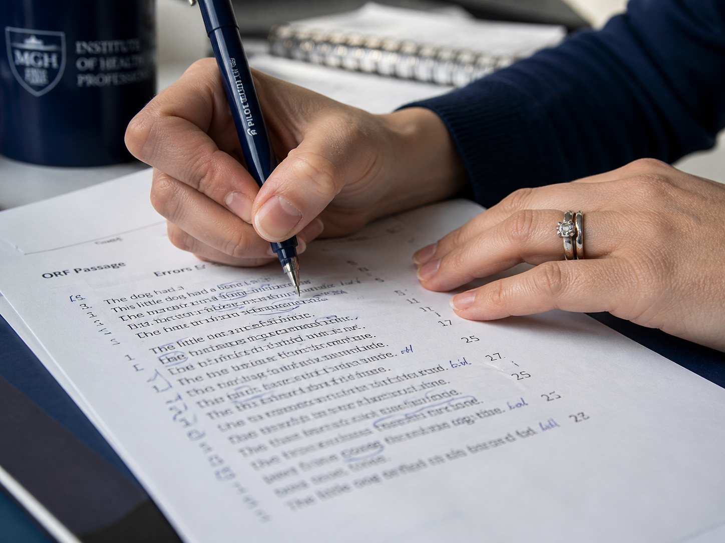 Researcher annotating an ORF transcript by hand